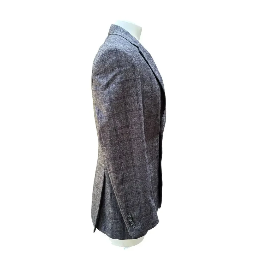 Jos A Bank Sport Coat Sz 42 Long Gray Windowpane Wool Silk Linen Single Breasted